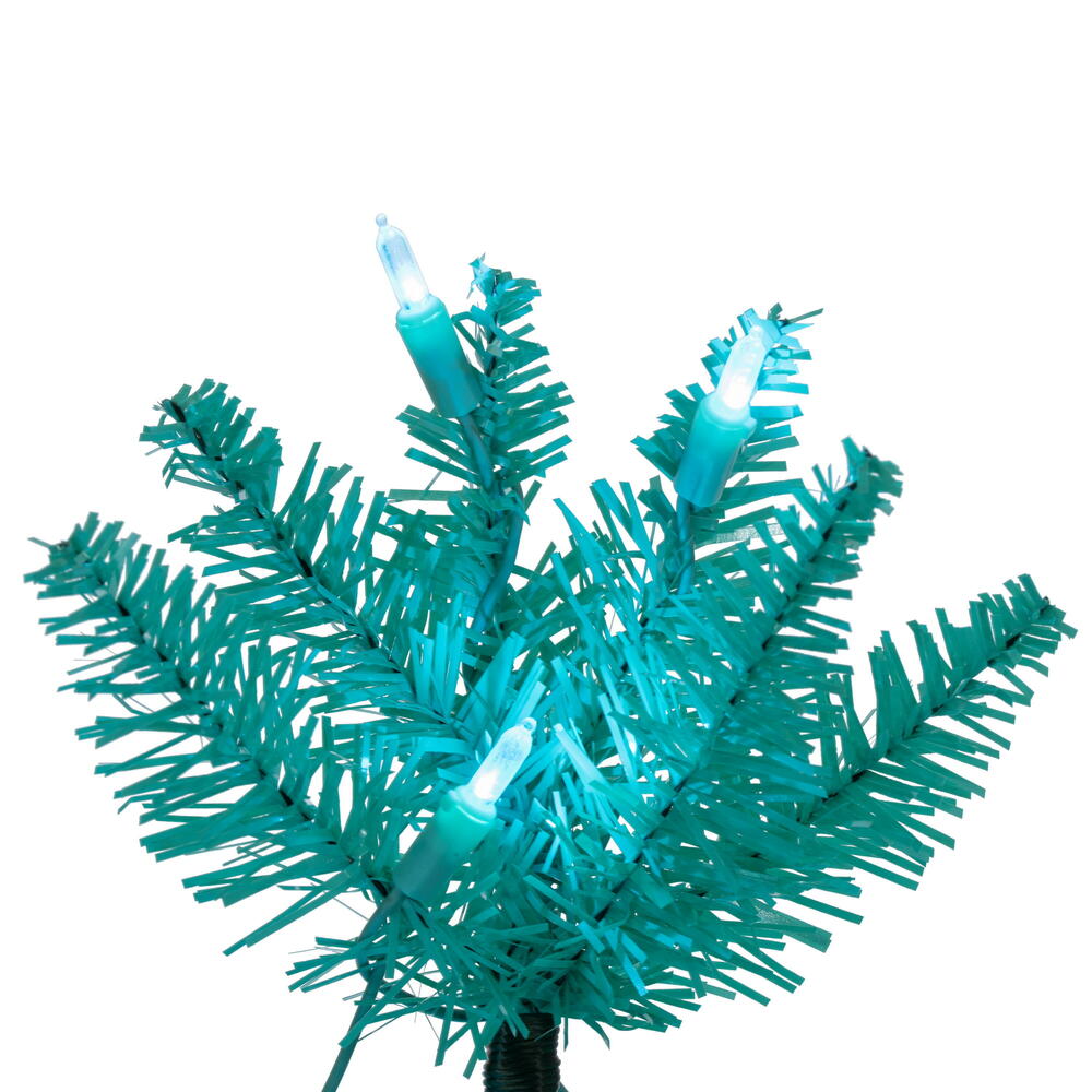 Vickerman 8.5' x 38" Aqua Pencil Artificial Pre-Lit Christmas Tree with 600 Dura-Lit® Aqua LED Mini Lights. It measures 102 inches tall, and 28 inches wide, which is considered a pencil profile. This tree boasts 1363 tips for a realistic look. Pre-lit wit