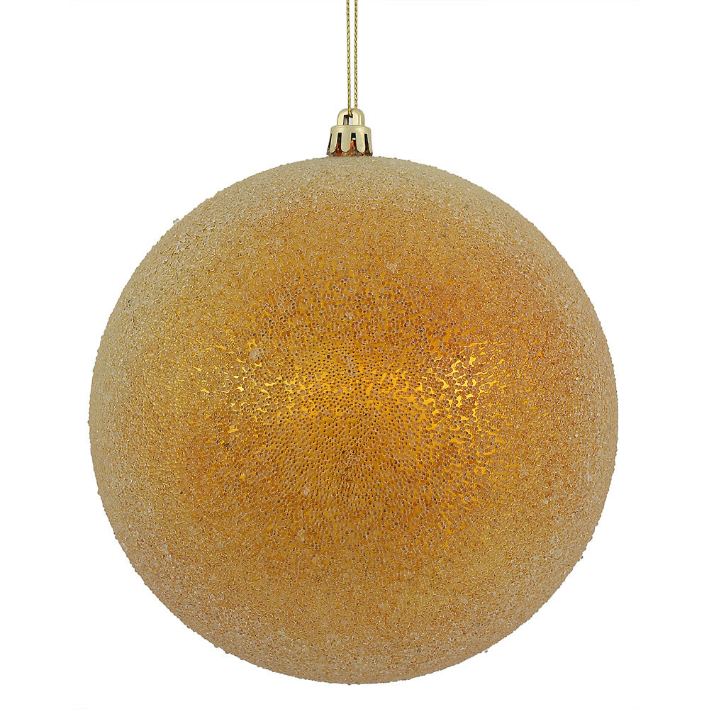 Vickerman 8" Antique Gold Iced Ball Ornament with drilled and wired caps.