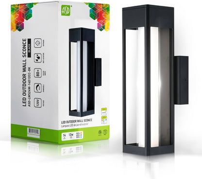 ASD Lighting LED Outdoor Wall Sconce 14" 12W CCT Selectable 3000/4000/5000K Dimmable White Acrylic Glass, Black ETL