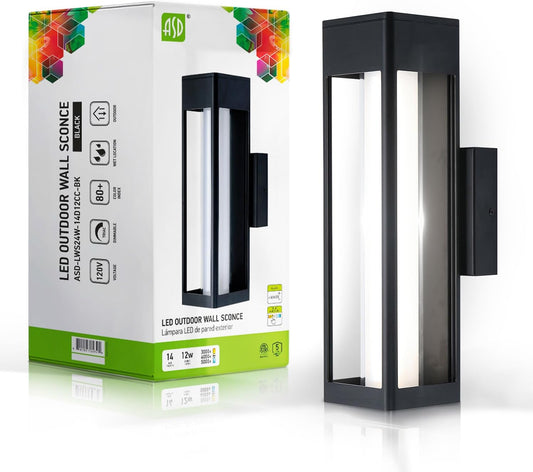 ASD Lighting LED Outdoor Wall Sconce 14" 12W CCT Selectable 3000/4000/5000K Dimmable White Acrylic Glass, Black ETL