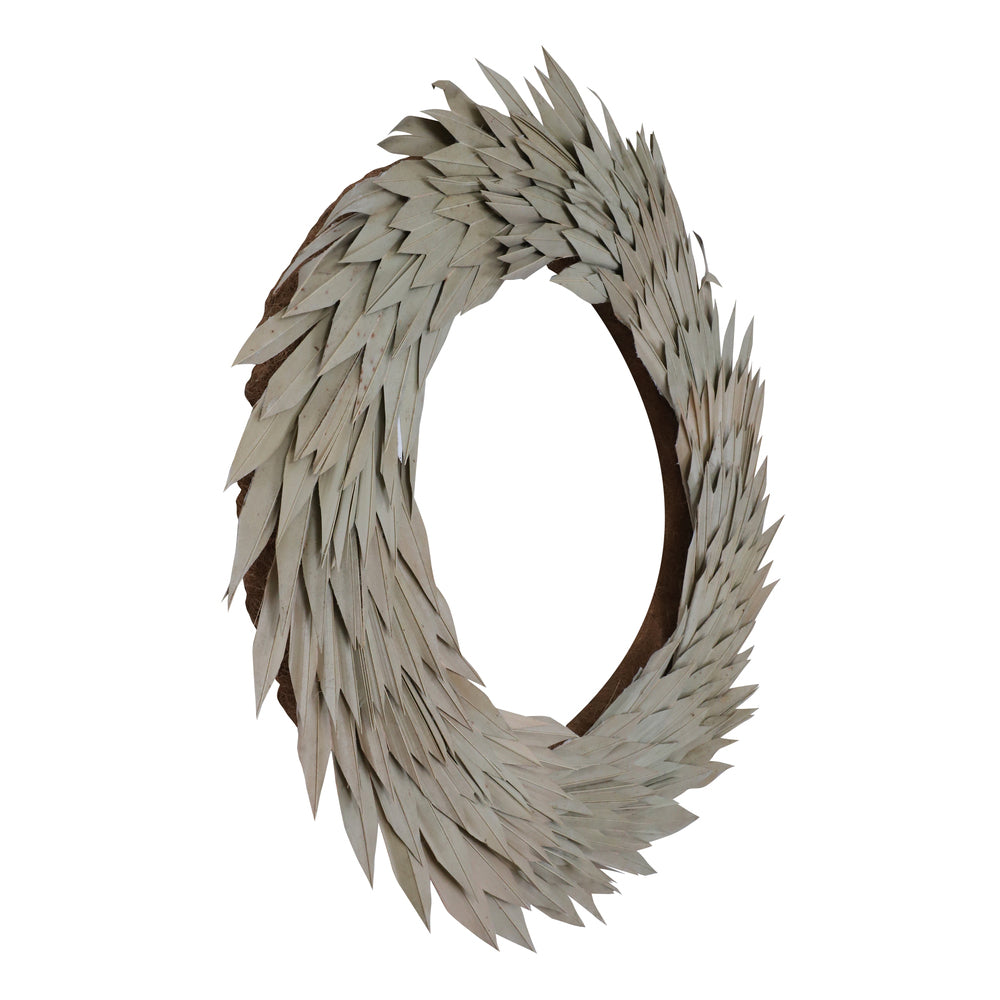 Vickerman Natural Botanicals 24" Natural Palm Sun Wreath. This wreath measures 24 inches in diameter. It features natural palm sun leaves on a coco fiber base. This is a dried and preserved natural product.