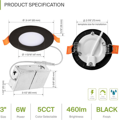 ASD Lighting LED Recessed Mini Panel Round 3inch 6W 120V Triac 2700/3000/3500/4000/5000K Black UL Energy Star 12 pack