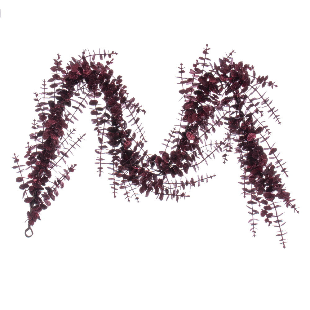 Vickerman 6' Burgundy Artificial Eucalyptus Glitter Garland.