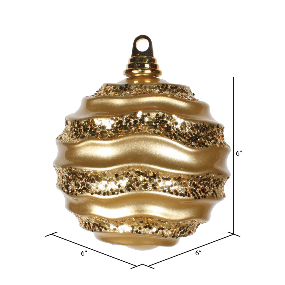 Vickerman 6" Gold Stripe Candy Finish Wave Ball Christmas Ornament with Glitter Accents