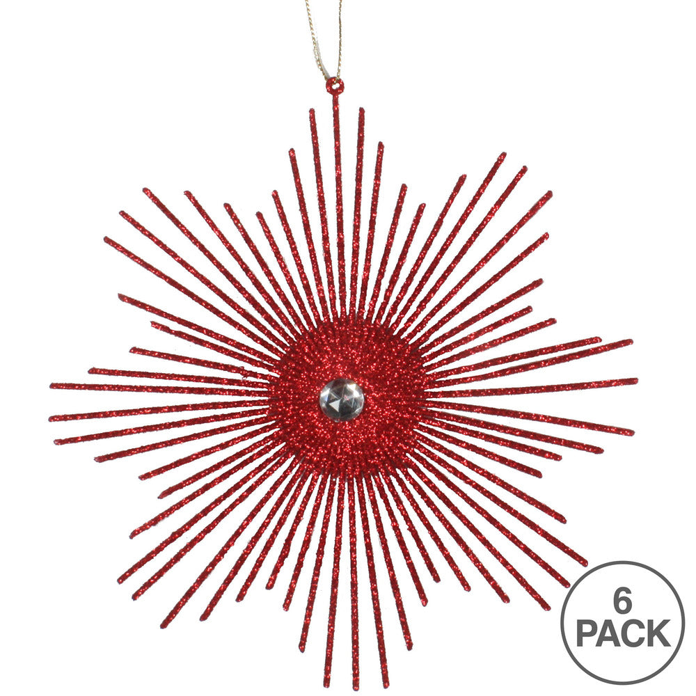 Vickerman 6.5" Red Snowflake Burst Glitter Christmas Ornament 6 per Bag