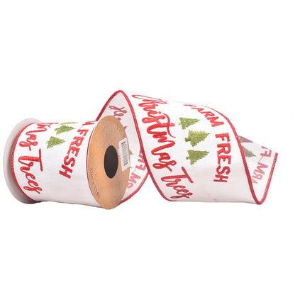 Vickerman 4" x 10 Yards White Farm Fresh Trees Wired Edge Christmas Ribbon.