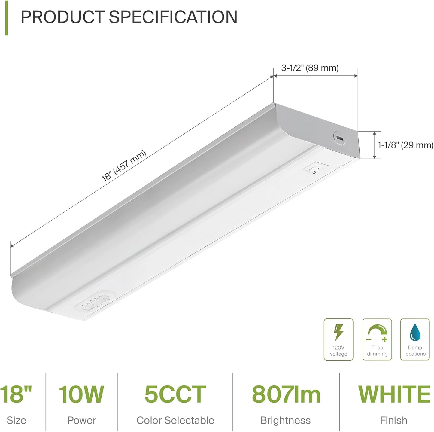 ASD Lighting LED Under Cabinet Bullnose 18" 10W 120V Dimmable CCT Selectable 2700/3000/3500/4000/5000K Hardwired, On/Off Switch, White UL 2pack