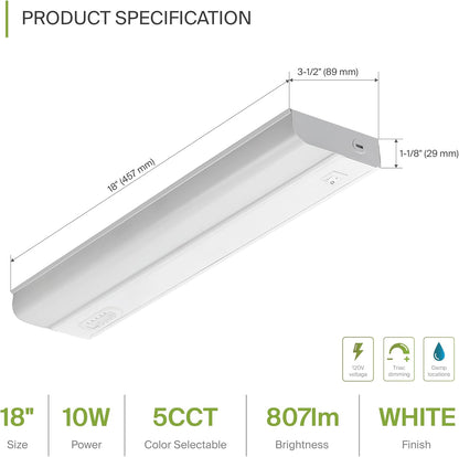 ASD Lighting LED Under Cabinet Bullnose 18" 10W 120V Dimmable CCT Selectable 2700/3000/3500/4000/5000K Hardwired, On/Off Switch, White UL 2pack