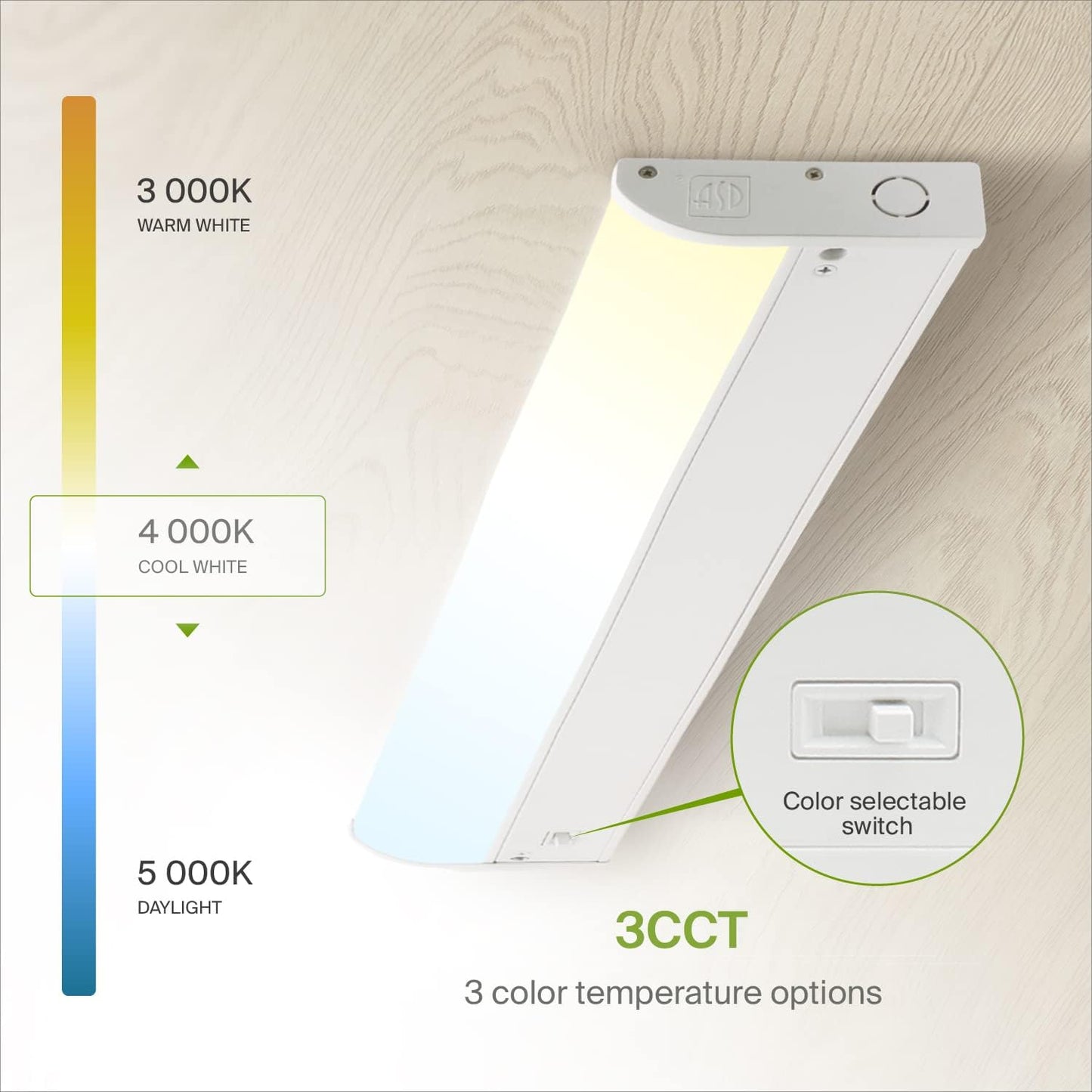 ASD Lighting LED Under Cabinet Bullnose 18" 8W 120V Dimmable CCT Selectable 3000/4000/5000K Hardwired, On/Off Switch, White ETL Energy Star