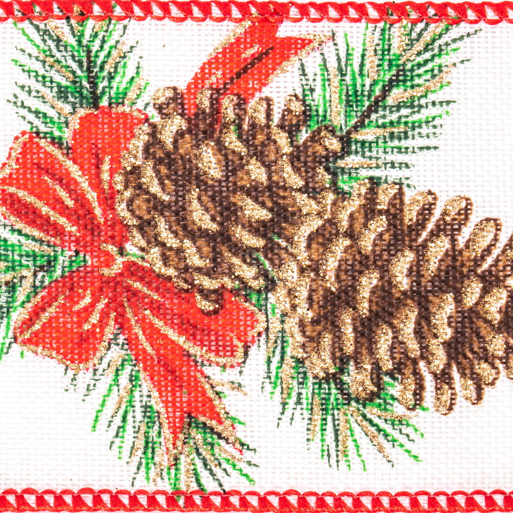 Vickerman 2.5" x 10 Yards White Pinecone and Red Bow Ribbon