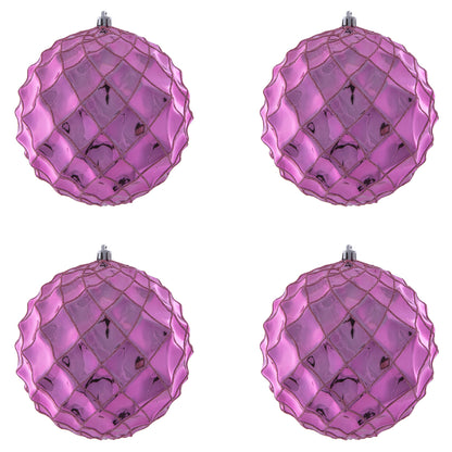 Vickerman 6" Mauve Shiny Form Ball Drilled Wired 4/Bag. Add texture and shimmer to your holiday decorating projects with this geometric shaped ball. It features glitter accents along the edges of the geometric pattern. This ornament contains a drilled cap