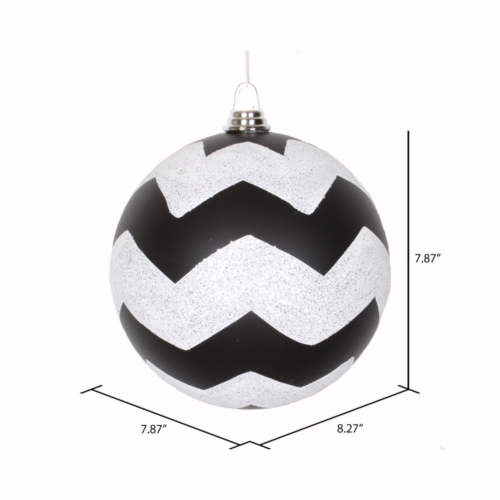 Vickerman 8" Black and White Matte Chevron Ball Christmas Ornament with Glitter Accents