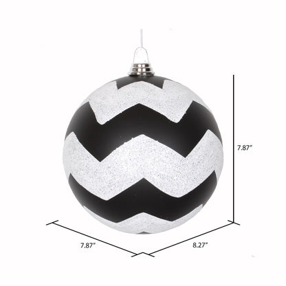 Vickerman 8" Black and White Matte Chevron Ball Christmas Ornament with Glitter Accents