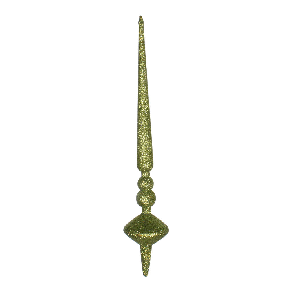 Vickerman 12" Olive Glitter Cupola Finial. This long finial ornament adds depth and texture to any holiday decorating project. Made with shatterproof plastic. Includes 3 pieces per bag.