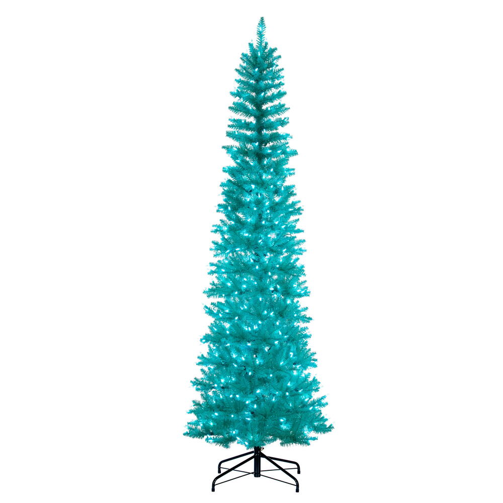 Vickerman 7.5' x 32" Aqua Pencil Artificial Pre-Lit Christmas Tree with 450 Dura-Lit® Aqua LED Mini Lights. It measures 90 inches tall, and 28 inches wide, which is considered a pencil profile. This tree boasts 965 tips for a realistic look. Pre-lit with