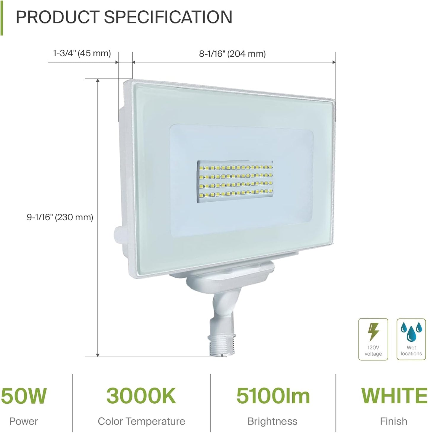 ASD Lighting LED SLIM Floodlight with arm 50W 3000K White UL