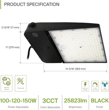 ASD Lighting LED Area Light with Q-base 100/120/150W 120-277V 0-10V Dimmable 170Lm/W 3000/4000/5000K with Photocell Black UL DLC Premium