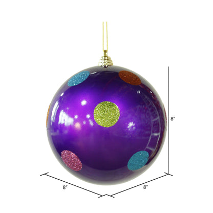 Vickerman 8" Purple Candy Finish Ball Christmas Ornament with Multi-Colored Polka Dots