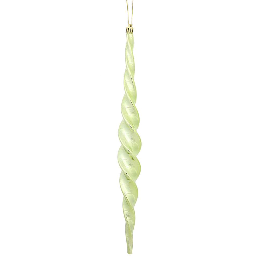 Vickerman 14.6" Celadon Shiny Spiral Icicle Ornament with drilled and wired caps. Comes 2 per Box.