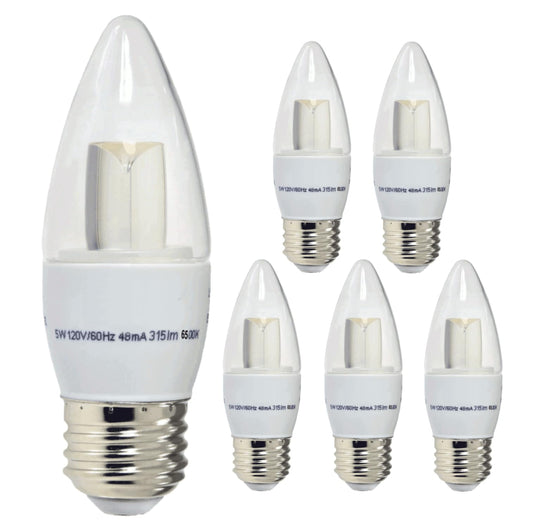 Damar- LED Chandelier Light Bulb B11 Decorative Clear Torpedo Tip 4.7W 315 Lumens E26 Medium Base 6500K Daylight Dimmable Pack of 6- Vintage Candelabra Candle Lamp for Ceiling Fan Bedroom Kitchen