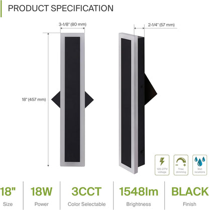 ASD Lighting LED Outdoor Wall Sconce Narrow design 18" 18W 120-277V CCT Selectable 3000/4000/5000K Dimmable Black ETL