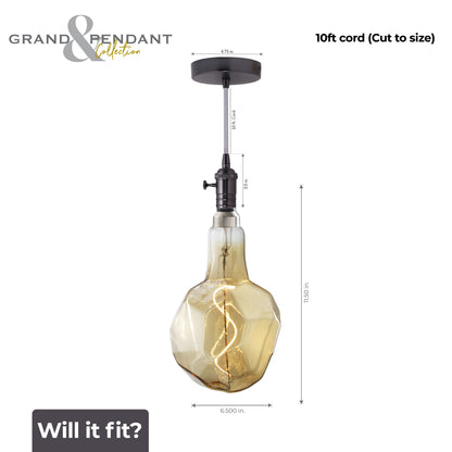 Bulbrite LED Grand Bulb and Pendant Kit of (1) 4 Watt Antique Glass 12" Jewel Shaped Bulb and (1) Gunmetal Black Open Socket Pendant on Silver Fabric Braided Cord - 2000K (Amber Light)