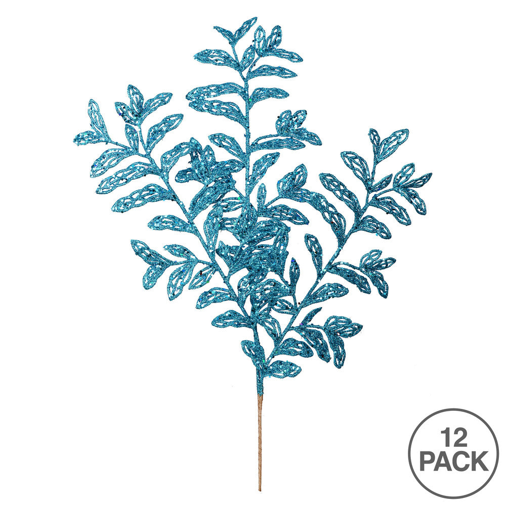 Vickerman 22" Turquoise Bipinnate Glitter Leaf Artificial Christmas Spray. Includes 12 sprays per pack.