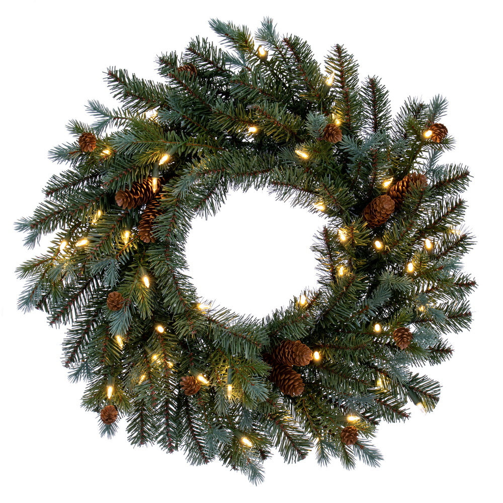 Vickerman 24" Blue Spruce Pine Cone Artificial Pre-Lit Wreath Warm White LED Lights.