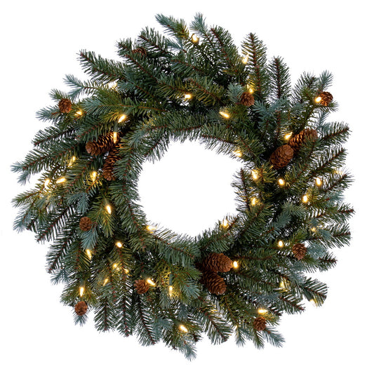 Vickerman 24" Blue Spruce Pine Cone Artificial Pre-Lit Wreath Warm White LED Lights.