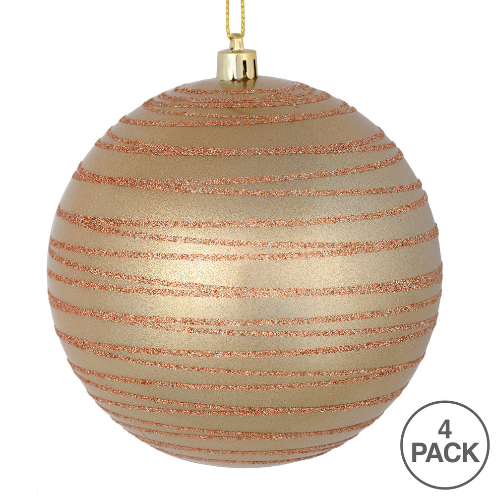 Vickerman 4" Café Latte Candy Finish Ball Ornament with Glitter Lines 4 per Bag