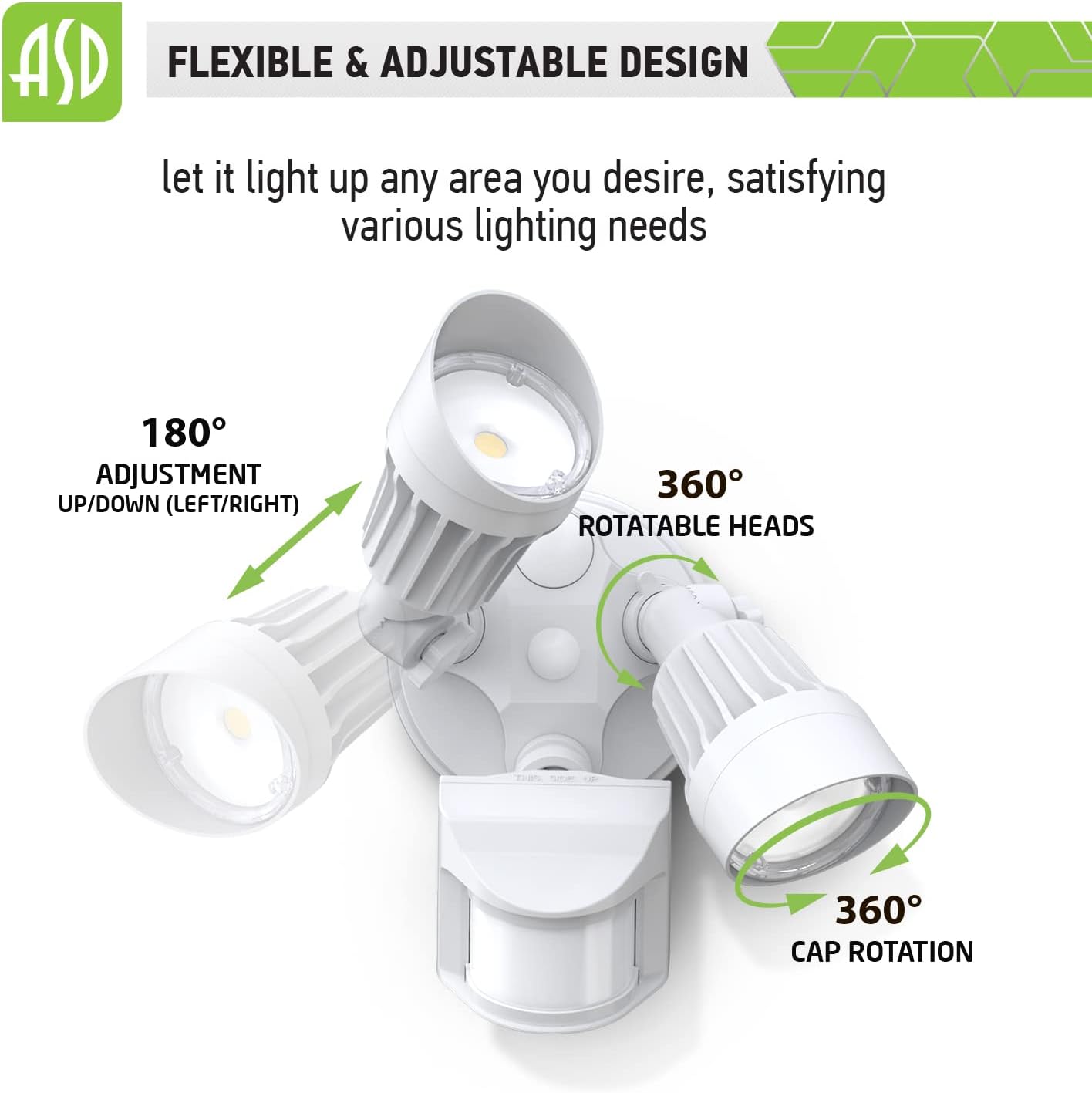 ASD Lighting LED Security Floodlight 2 round heads 20W 120-277V CCT Selectable 3000/4000/5000K with 180° Motion Sensor and Photocell White ETL