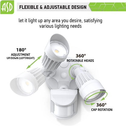 ASD Lighting LED Security Floodlight 2 round heads 20W 120-277V CCT Selectable 3000/4000/5000K with 180° Motion Sensor and Photocell White ETL