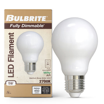 Bulbrite 776954 5W LED A19 2700K FILAMENT MILKY FULLY COMPATIBLE DIMMING