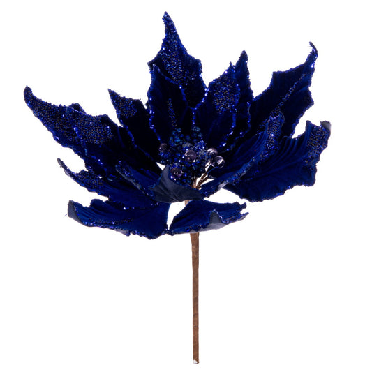 Vickerman 12" Artificial Midnight Blue Double Sided Velvet Poinsettia Christmas Pick