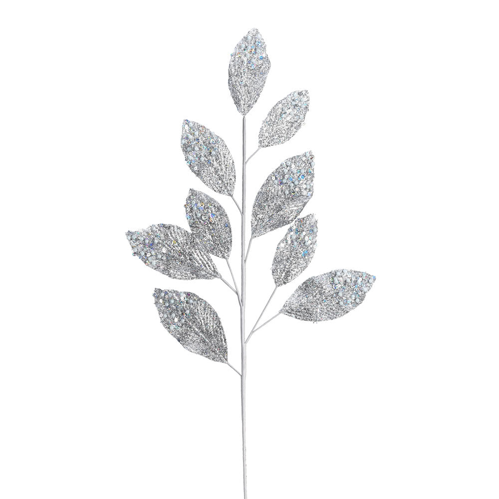 Vickerman 29" Silver Glitter Leaf Artificial Christmas Spray. Includes 6 sprays per pack.