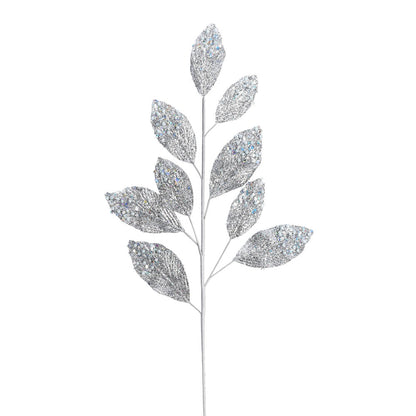 Vickerman 29" Silver Glitter Leaf Artificial Christmas Spray. Includes 6 sprays per pack.