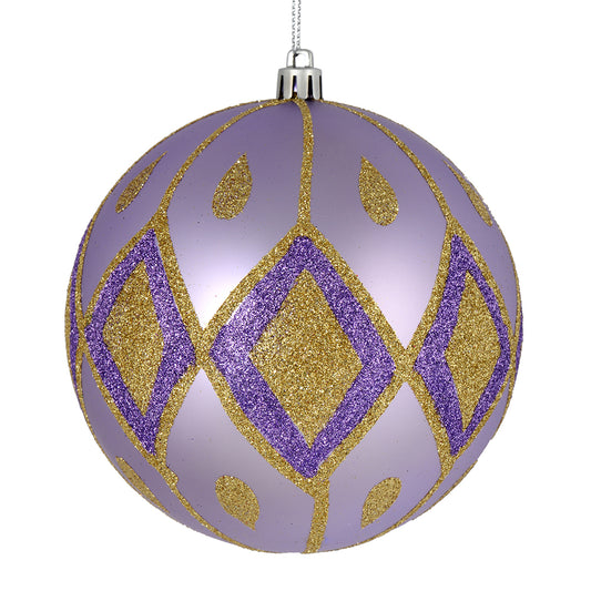 Vickerman 6" Lavender Matte Ball with Glitter Diamond Pattern. Add variety and sparkle to your holiday arrangement with this matte ornament that features a glitter pattern. Includes 3 pieces per bag. Made with shatterproof plastic. Ornament has a drilled