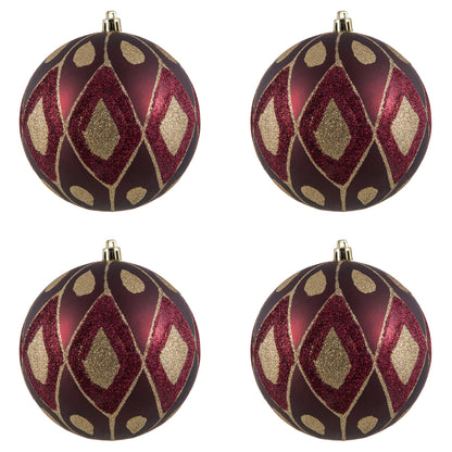 Vickerman 4.75" Wine Matte Ball with Glitter Diamond Pattern. Add variety and sparkle to your holiday arrangement with this matte ornament that features a glitter pattern. Includes 4 pieces per bag. Made with shatterproof plastic. Ornament has a drilled c