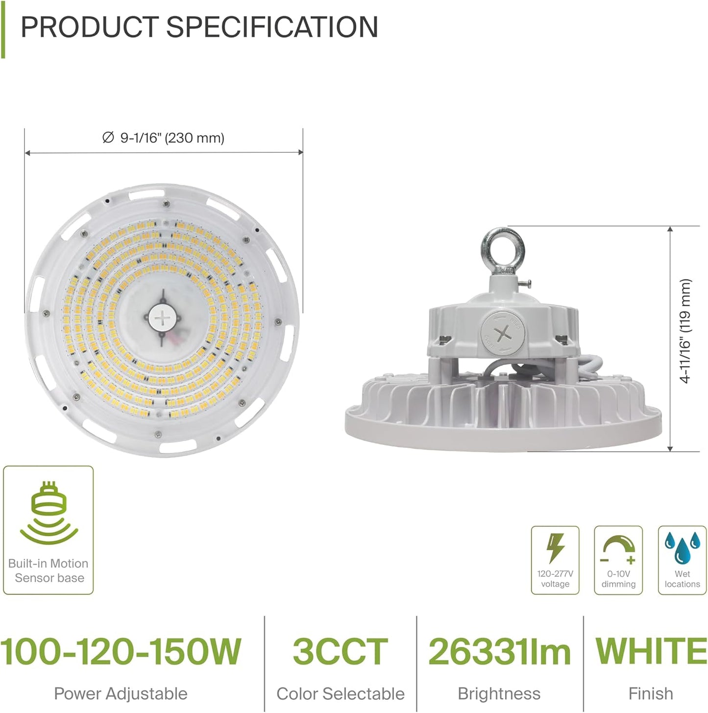 ASD Lighting LED UFO High Bay with Q-base Power Adjustable 100/120/150W 120-277V CCT Selectable 3000/4000/5000K Dimmable White UL DLC Premium