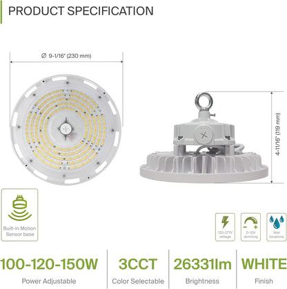 ASD Lighting LED UFO High Bay with Q-base Power Adjustable 100/120/150W 120-277V CCT Selectable 3000/4000/5000K Dimmable White UL DLC Premium