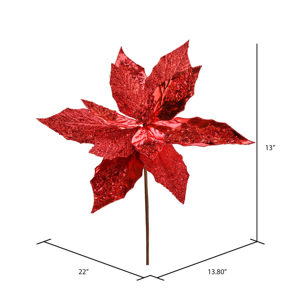 Vickerman 13" x 22" Red Poinsettia Sequin Artificial Christmas Spray. Includes 6 sprays per pack.