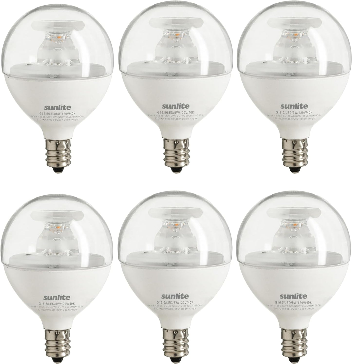 Sunlite LED G16.5 Clear Globe Light Bulb, 5 Watts (40W Equivalent), 350 lumens, Dimmable, Candelabra Base (E12), 120 Volts, ETL Listed, 260 Degree Beam Angle, 4000K Cool White, 6 Pack