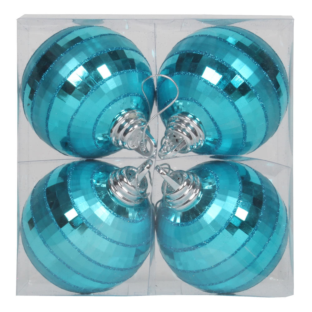 Vickerman 4" Turquoise Shiny and Matte Mirror Ball Christmas Ornament with Glitter Accents 4 per Box