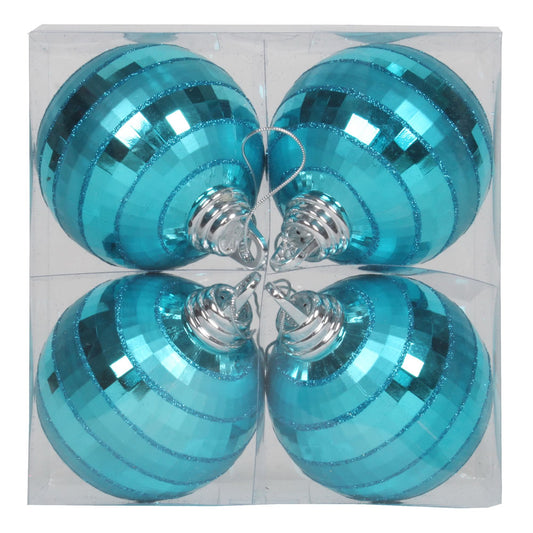 Vickerman 4" Turquoise Shiny and Matte Mirror Ball Christmas Ornament with Glitter Accents 4 per Box