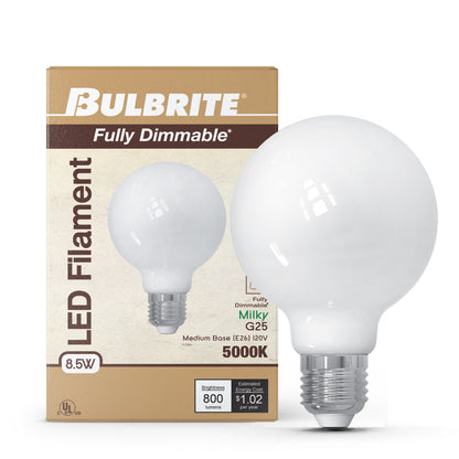 Bulbrite 776980 8.5W LED G25 5000K FILAMENT MILKY FULLY COMPATIBLE DIMMING