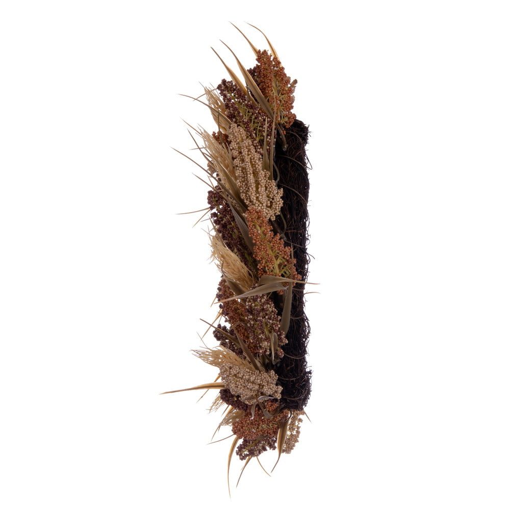 Vickerman Artificial 20" Brown Ivory Corn Wreath. Features brown grass and a circular grapevine base.