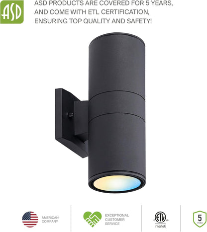 ASD Lighting LED Outdoor Wall Cylinder Round Up and Down 18W 120V 3000/4000/5000K with Photocell Black ETL