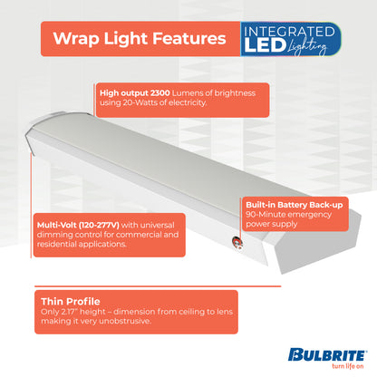 Bulbrite 773505 2 ft. Integrated 5 Color Selectable LED Dimmable Wraparound Light W/ Battery Backup (120-277v), 2300 Lumens, White