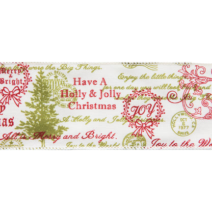 Vickerman 2.5" x 10 Yard Red and Green Nostalgic Stamp Pattern Christmas Ribbon