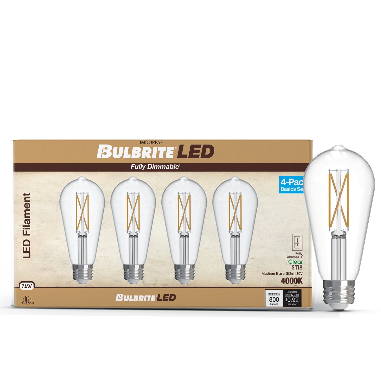 Bulbrite 776244 LED Filament Pack of 4, 7.6 Watt Dimmable ST18 Light Bulb with Clear Finish and Medium Screw E26 Base - 4000K(Cool White Light), 800 lumens